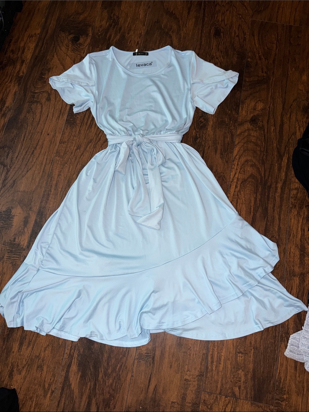 Levaca Light Blue Midi Dress with Tie-Waist and Ruffle Hem